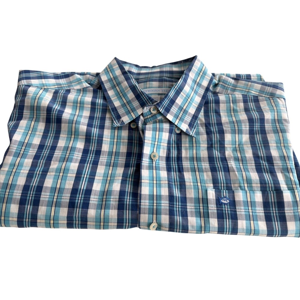 Southern Tide Mens Blue Teal Plaid Classic Fit Cotton Button Down Shirt Large